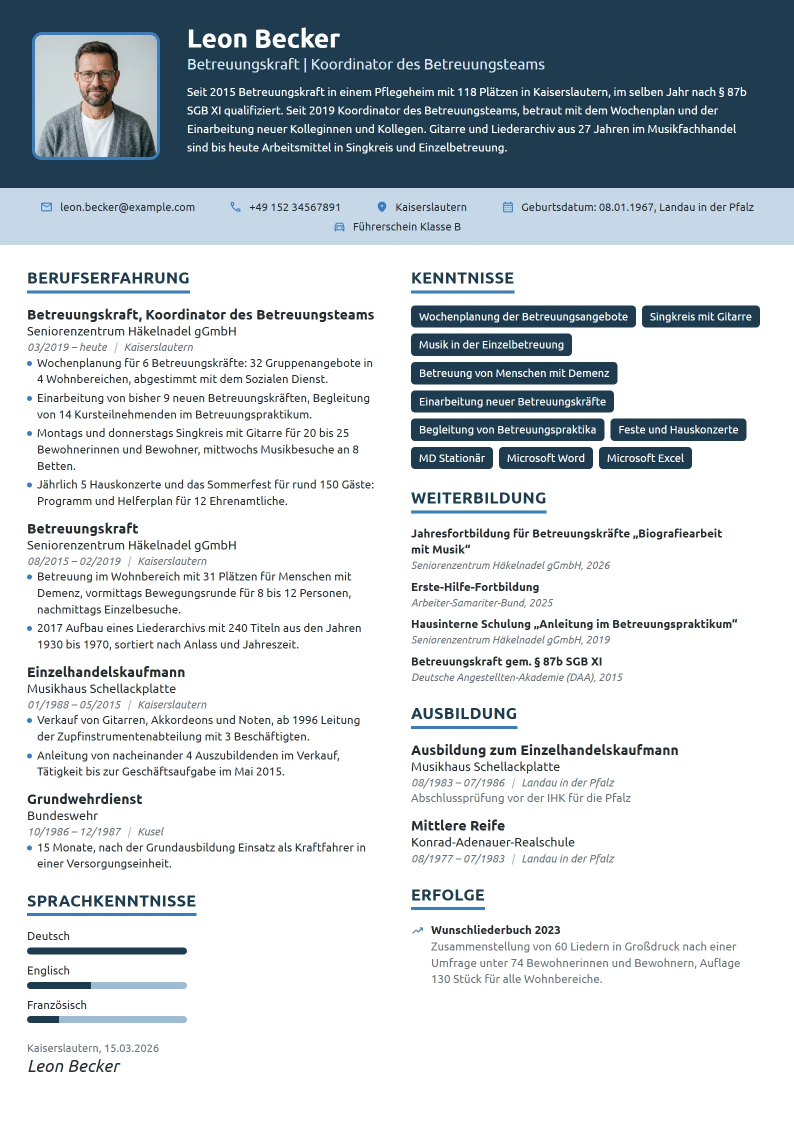 Lebenslauf-Beispiel: Betreuungskraft mit Teamkoordination