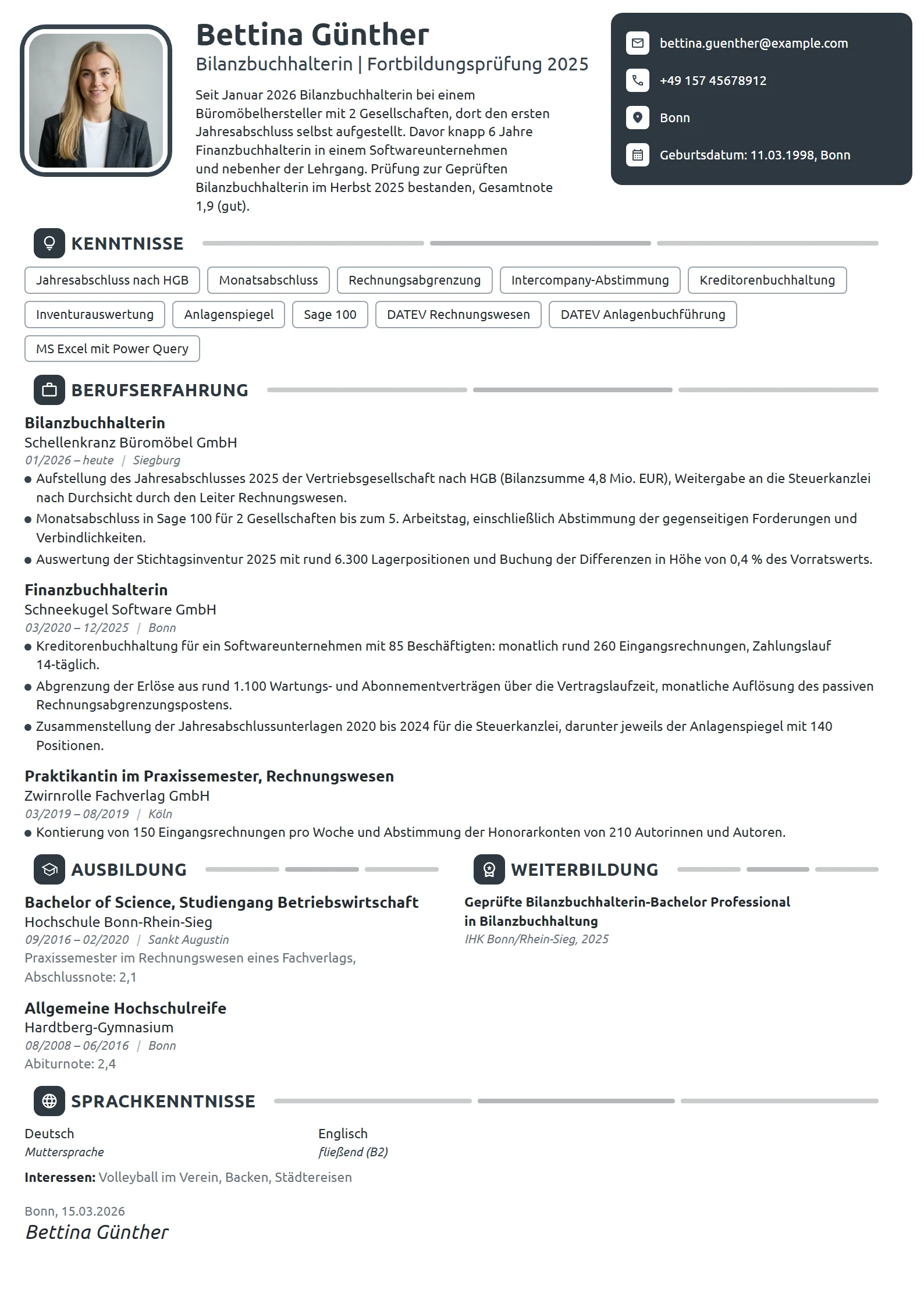 Lebenslauf-Beispiel: Bilanzbuchhalterin nach der Prüfung 2025