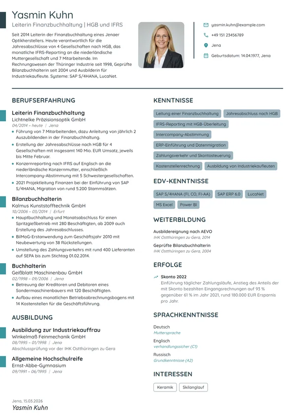 Lebenslauf-Beispiel: Leiterin Finanzbuchhaltung, Industrie