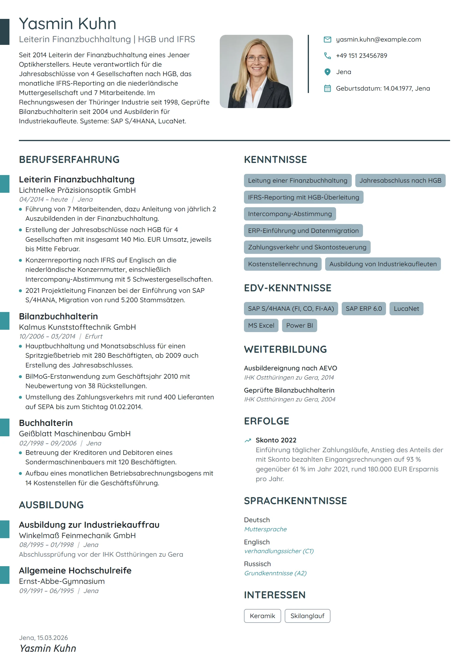 Lebenslauf-Beispiel: Leiterin Finanzbuchhaltung, Industrie