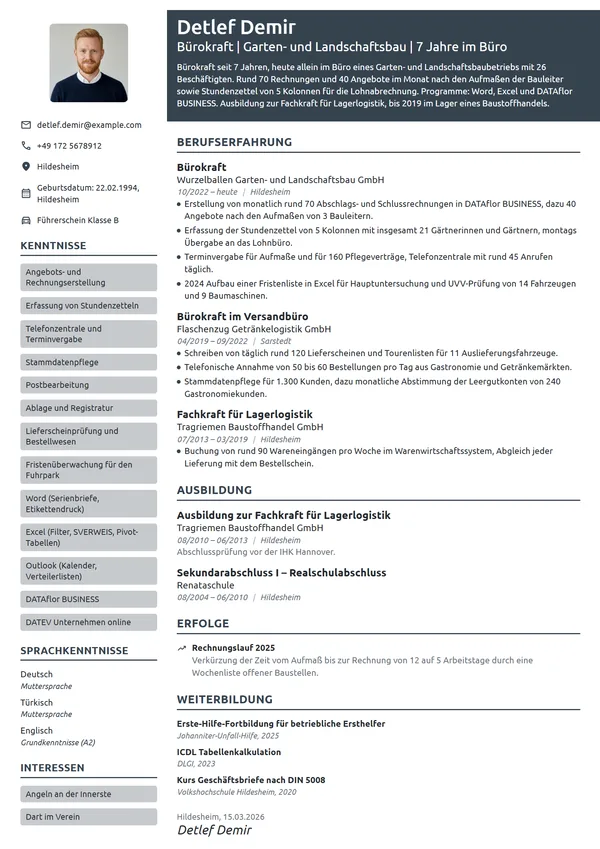 Lebenslauf-Beispiel: Bürokraft im Handwerksbetrieb
