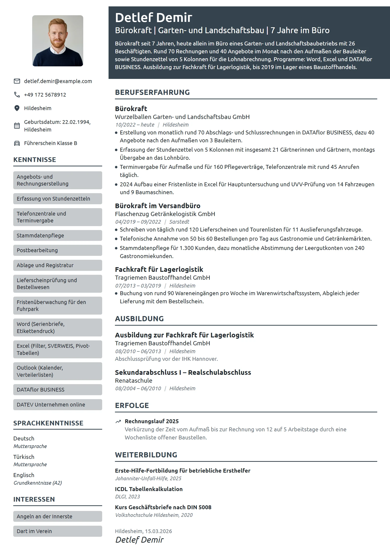 Lebenslauf-Beispiel: Bürokraft im Handwerksbetrieb