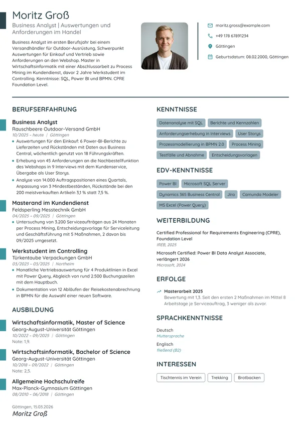 Lebenslauf-Beispiel: Business Analyst im Berufseinstieg
