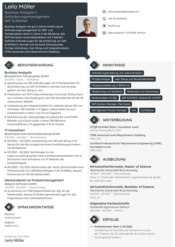Lebenslauf-Beispiel: Business Analystin, Anforderungsmanagement