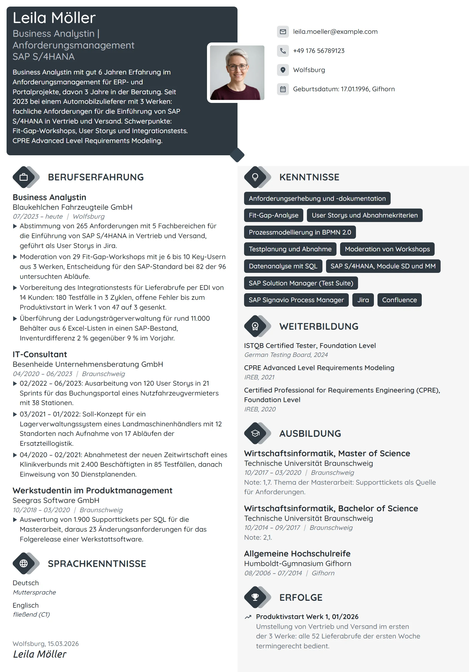 Lebenslauf-Beispiel: Business Analystin, Anforderungsmanagement
