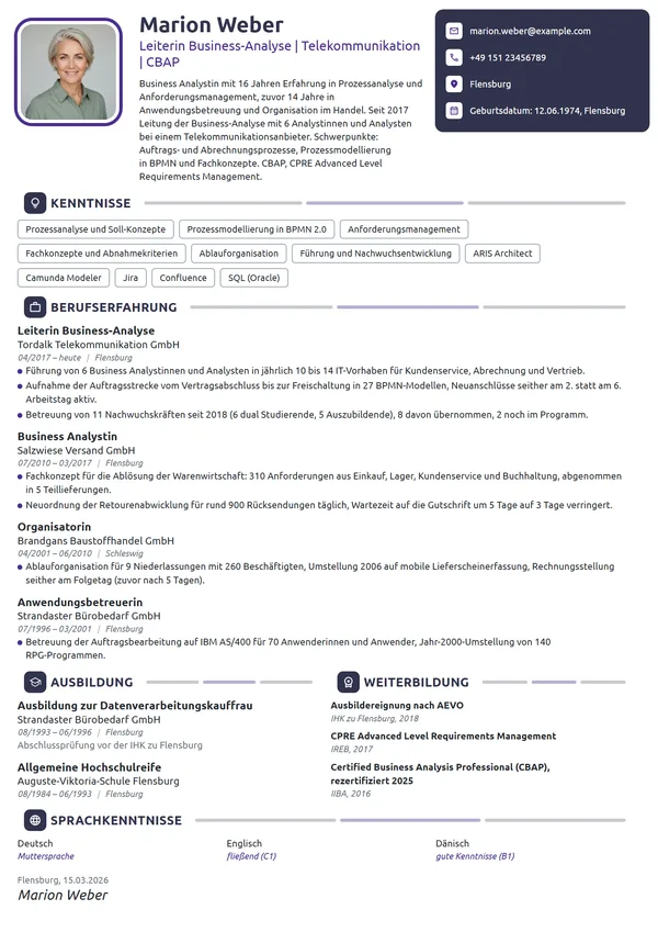 Lebenslauf-Beispiel: Leiterin Business-Analyse