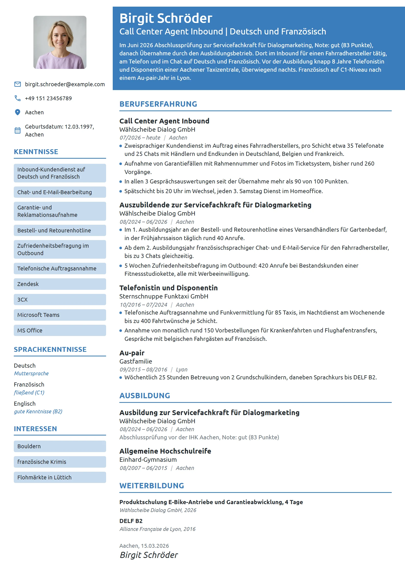 Lebenslauf-Beispiel: Berufseinstieg als Call Center Agent