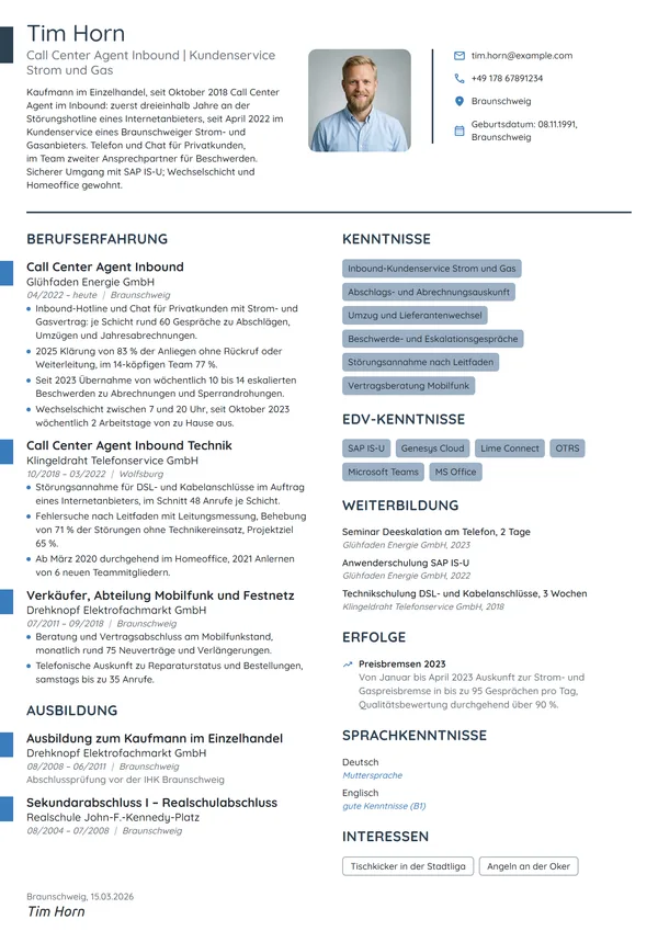 Lebenslauf-Beispiel: Call Center Agent Inbound, Strom und Gas