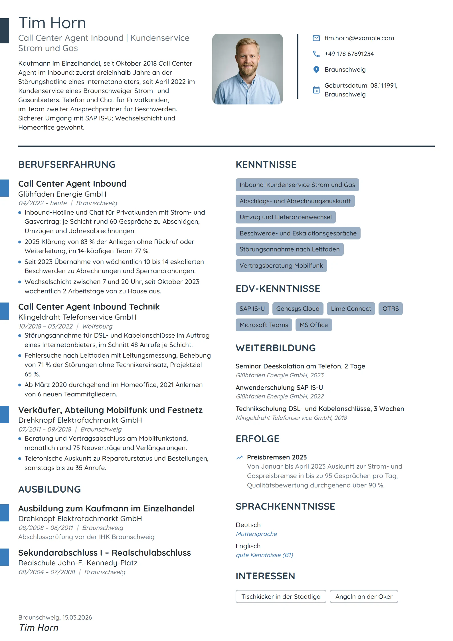 Lebenslauf-Beispiel: Call Center Agent Inbound, Strom und Gas