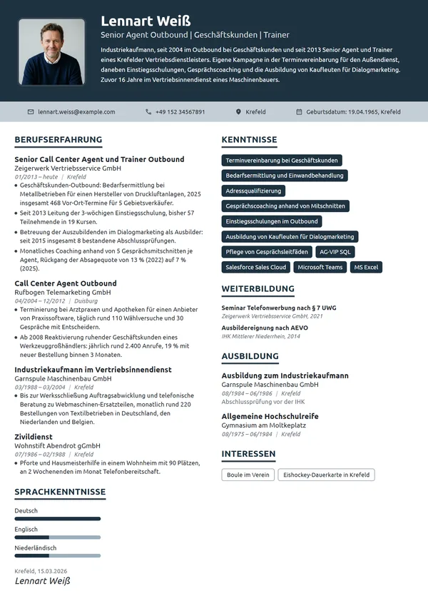 Lebenslauf-Beispiel: Senior Call Center Agent Outbound B2B