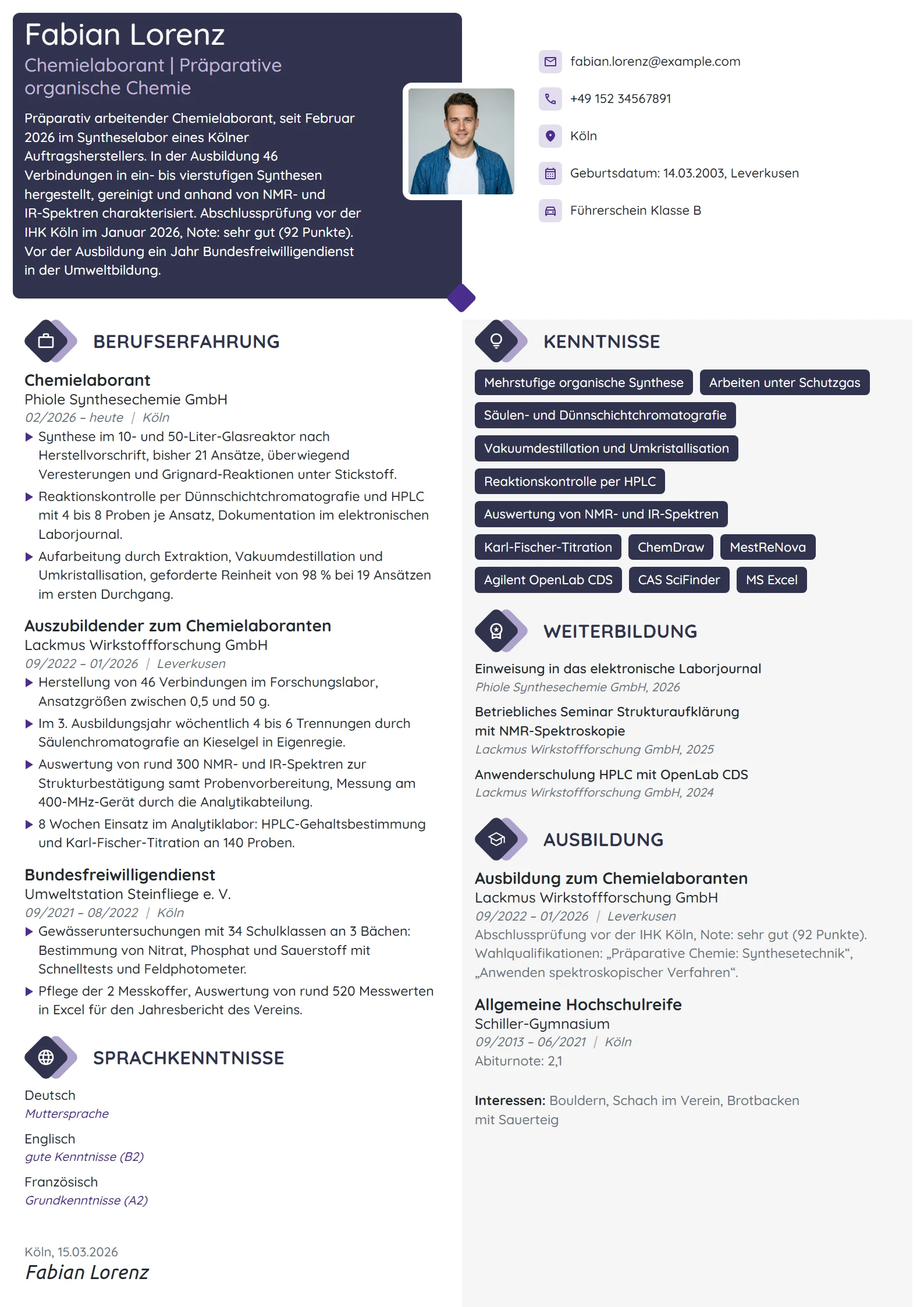 Lebenslauf-Beispiel: Chemielaborant nach der Ausbildung