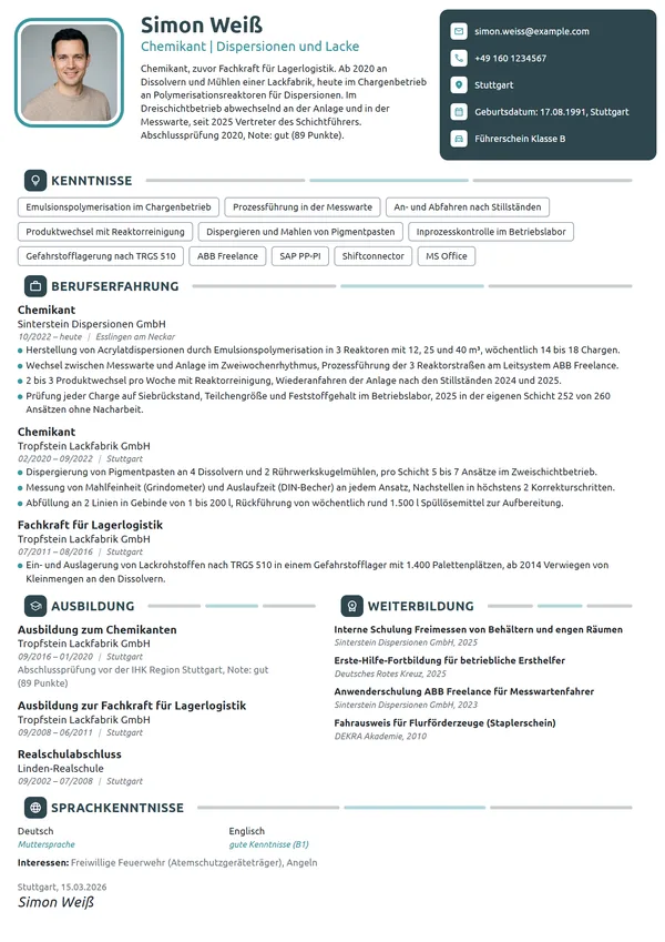 Lebenslauf-Beispiel: Chemikant in der Chargenproduktion
