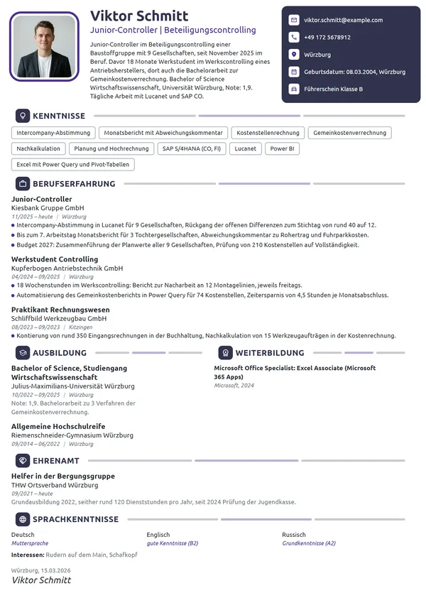 Lebenslauf-Beispiel: Junior-Controller, Beteiligungscontrolling