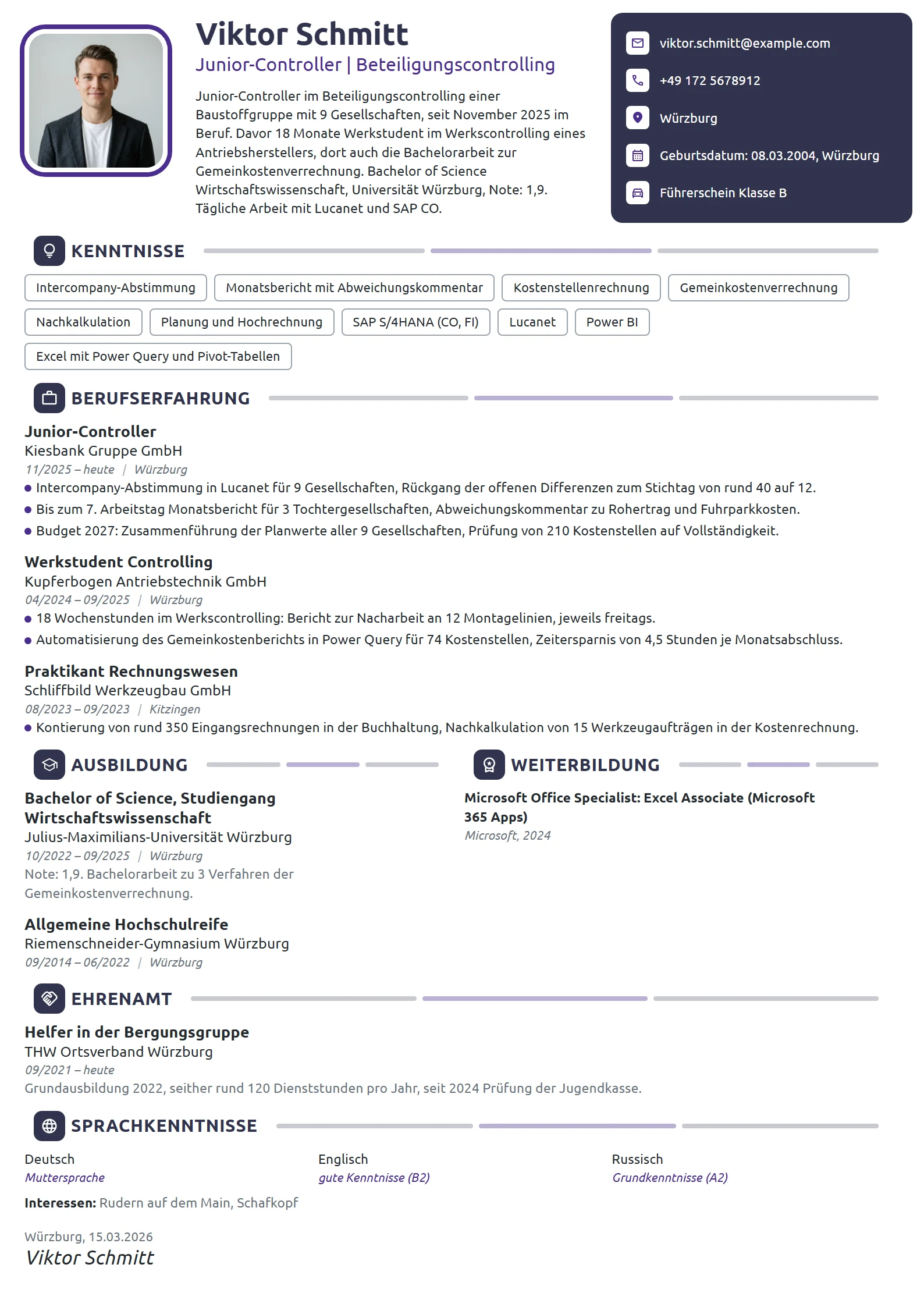 Lebenslauf-Beispiel: Junior-Controller, Beteiligungscontrolling