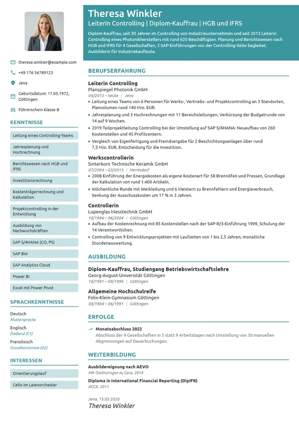 Lebenslauf-Beispiel: Leiterin Controlling, Optik und Photonik