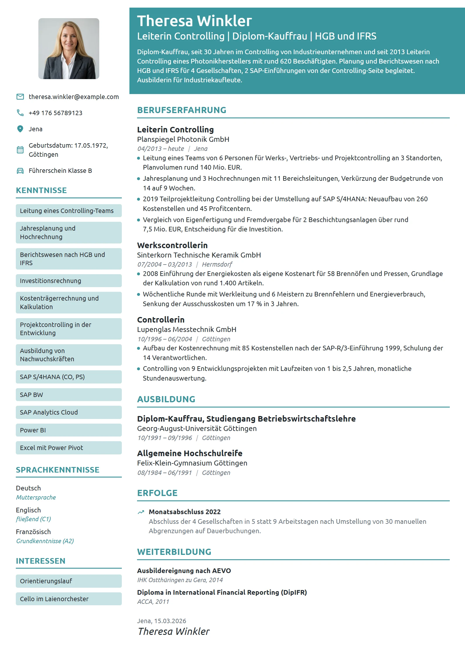 Lebenslauf-Beispiel: Leiterin Controlling, Optik und Photonik
