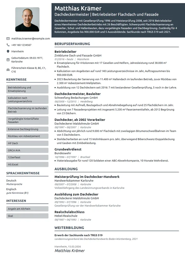 Lebenslauf-Beispiel: Dachdeckermeister und Betriebsleiter