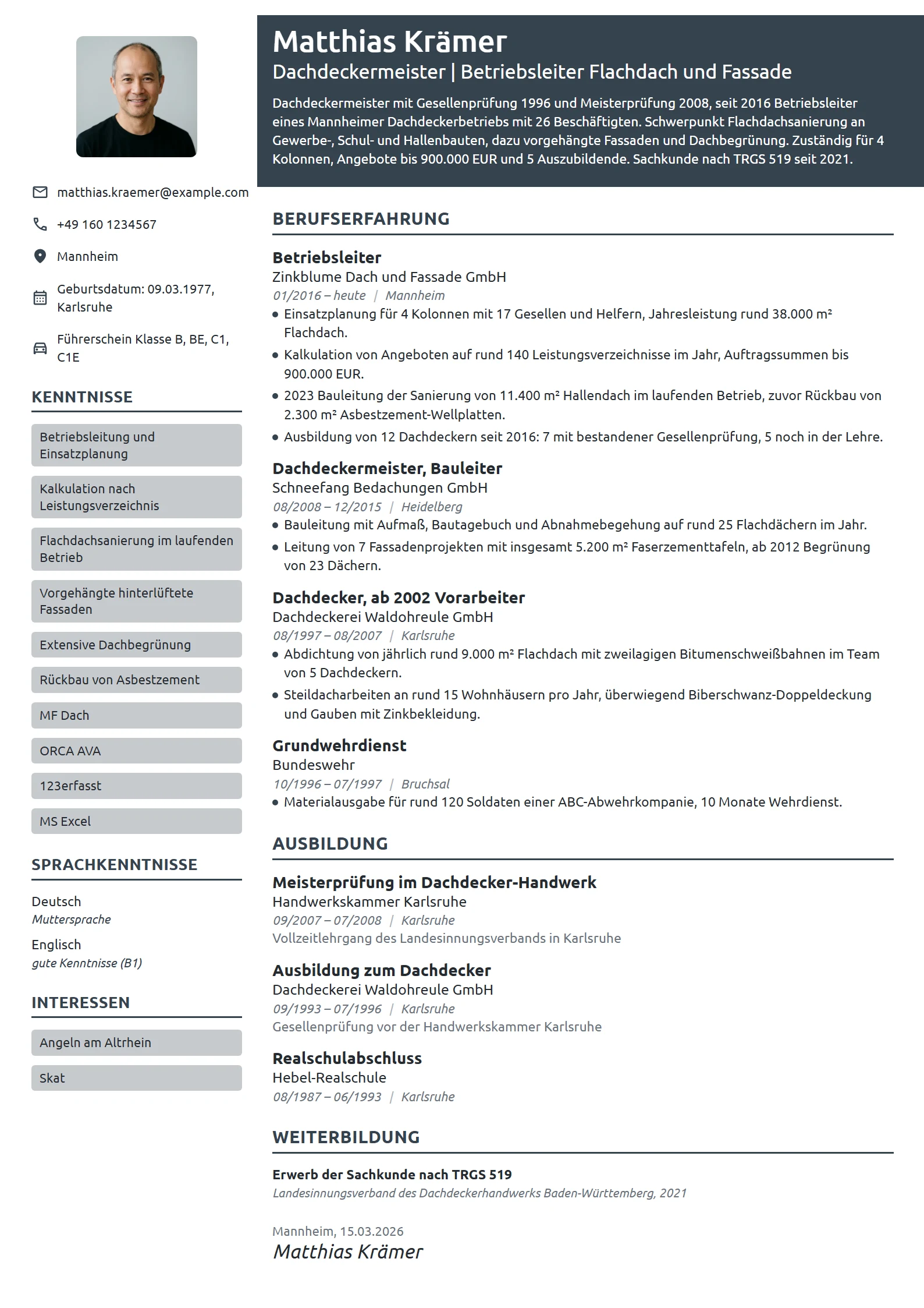 Lebenslauf-Beispiel: Dachdeckermeister und Betriebsleiter