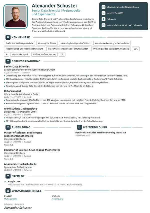 Lebenslauf-Beispiel: Senior Data Scientist für Preismodelle