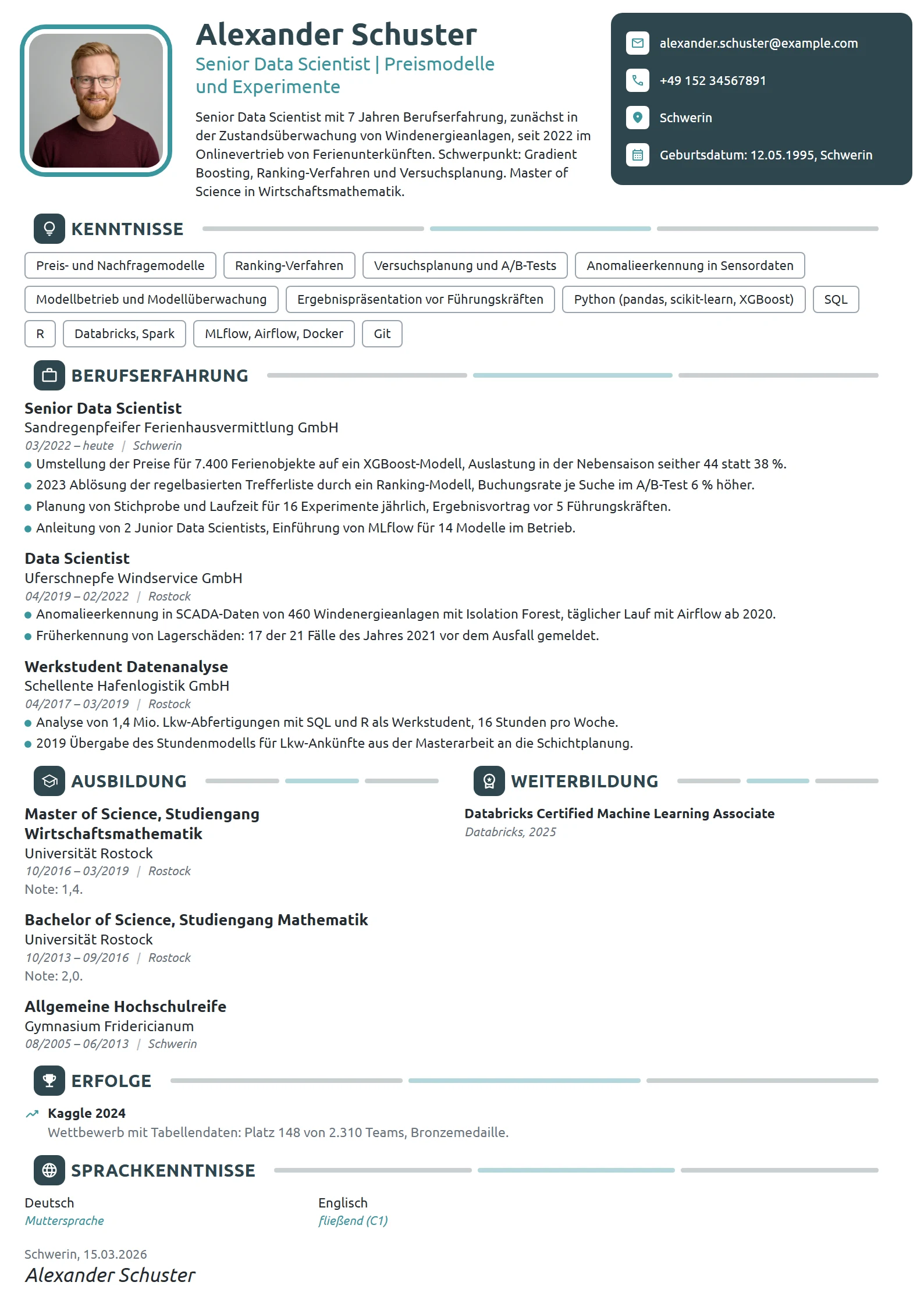 Lebenslauf-Beispiel: Senior Data Scientist für Preismodelle