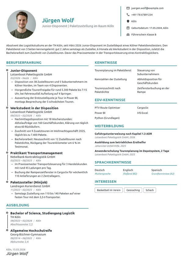 Lebenslauf-Beispiel: Junior-Disponent nach dem Logistikstudium