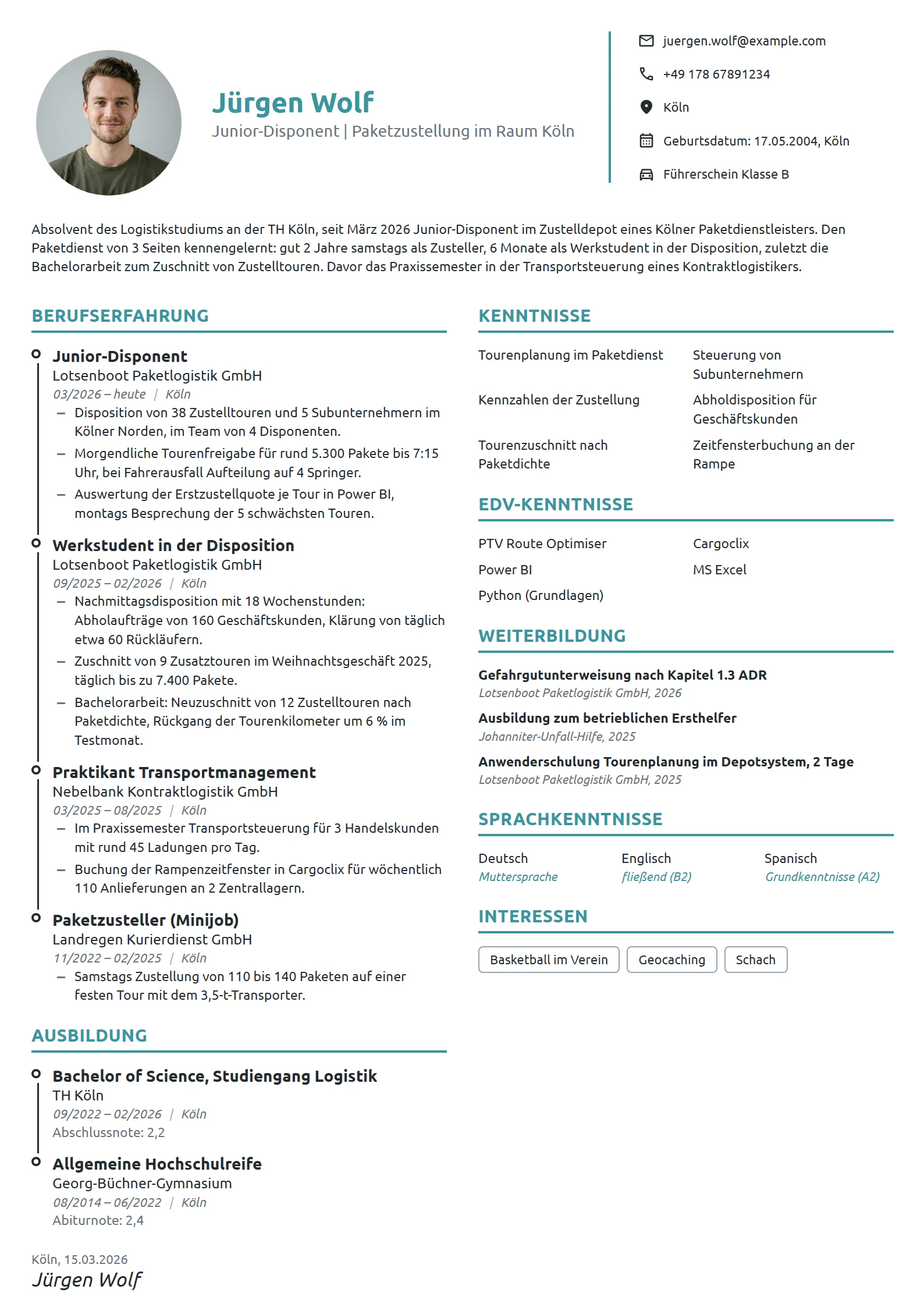 Lebenslauf-Beispiel: Junior-Disponent nach dem Logistikstudium