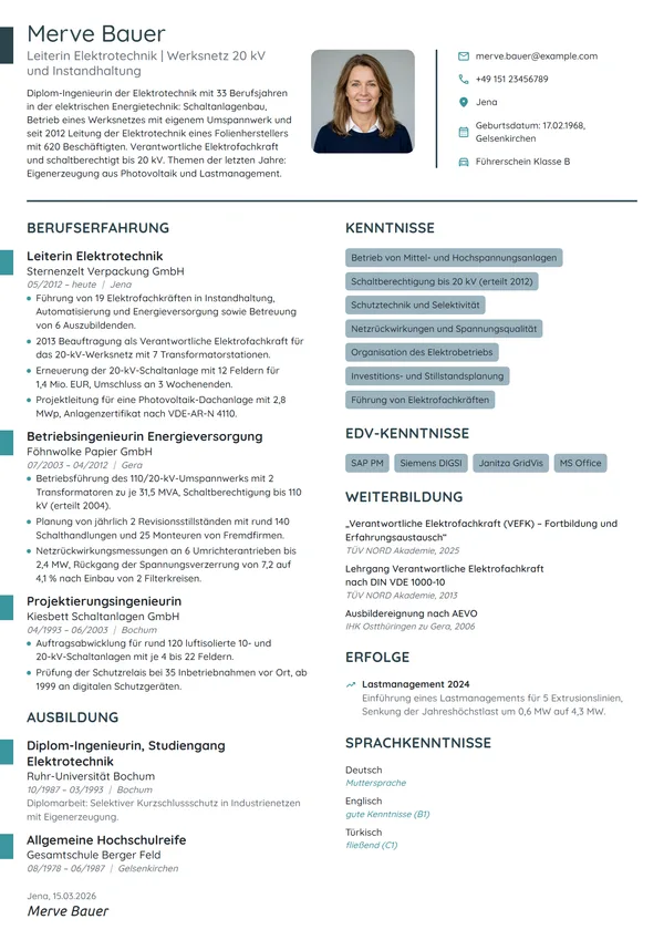 Lebenslauf-Beispiel: Leiterin Elektrotechnik, Energieversorgung