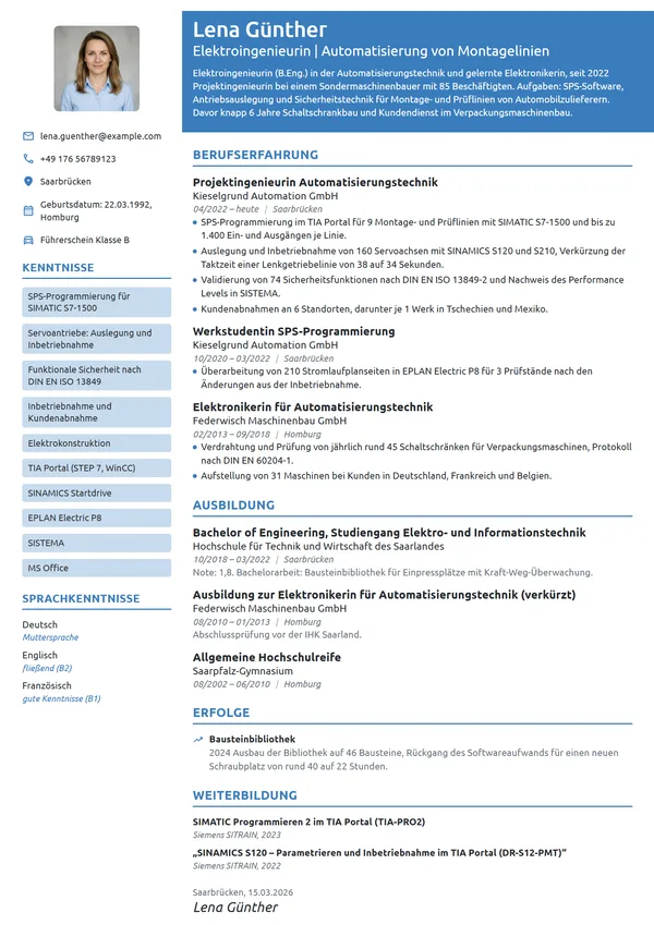Lebenslauf-Beispiel: Projektingenieurin Automatisierungstechnik