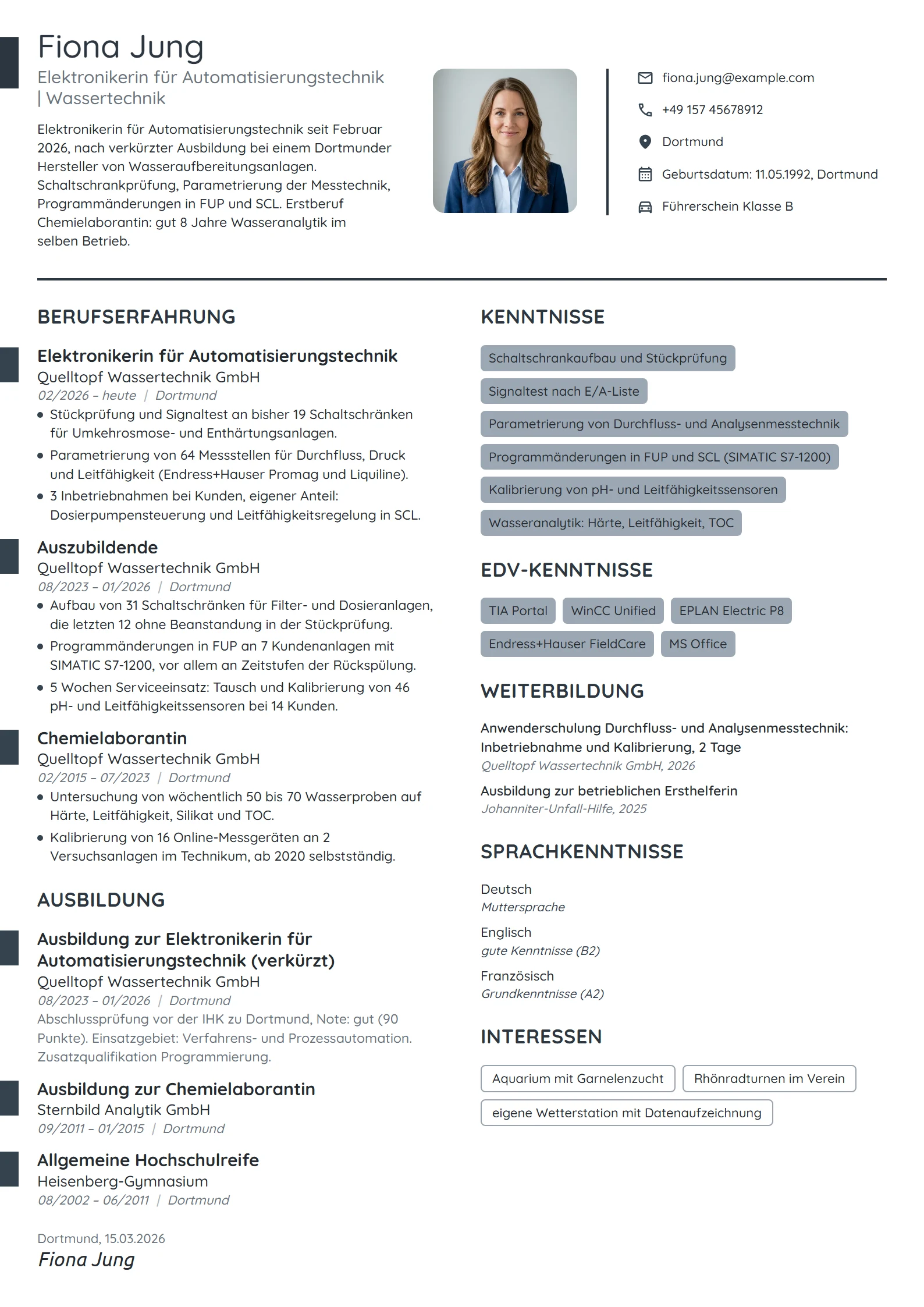 Lebenslauf-Beispiel: Berufseinsteigerin Automatisierungstechnik