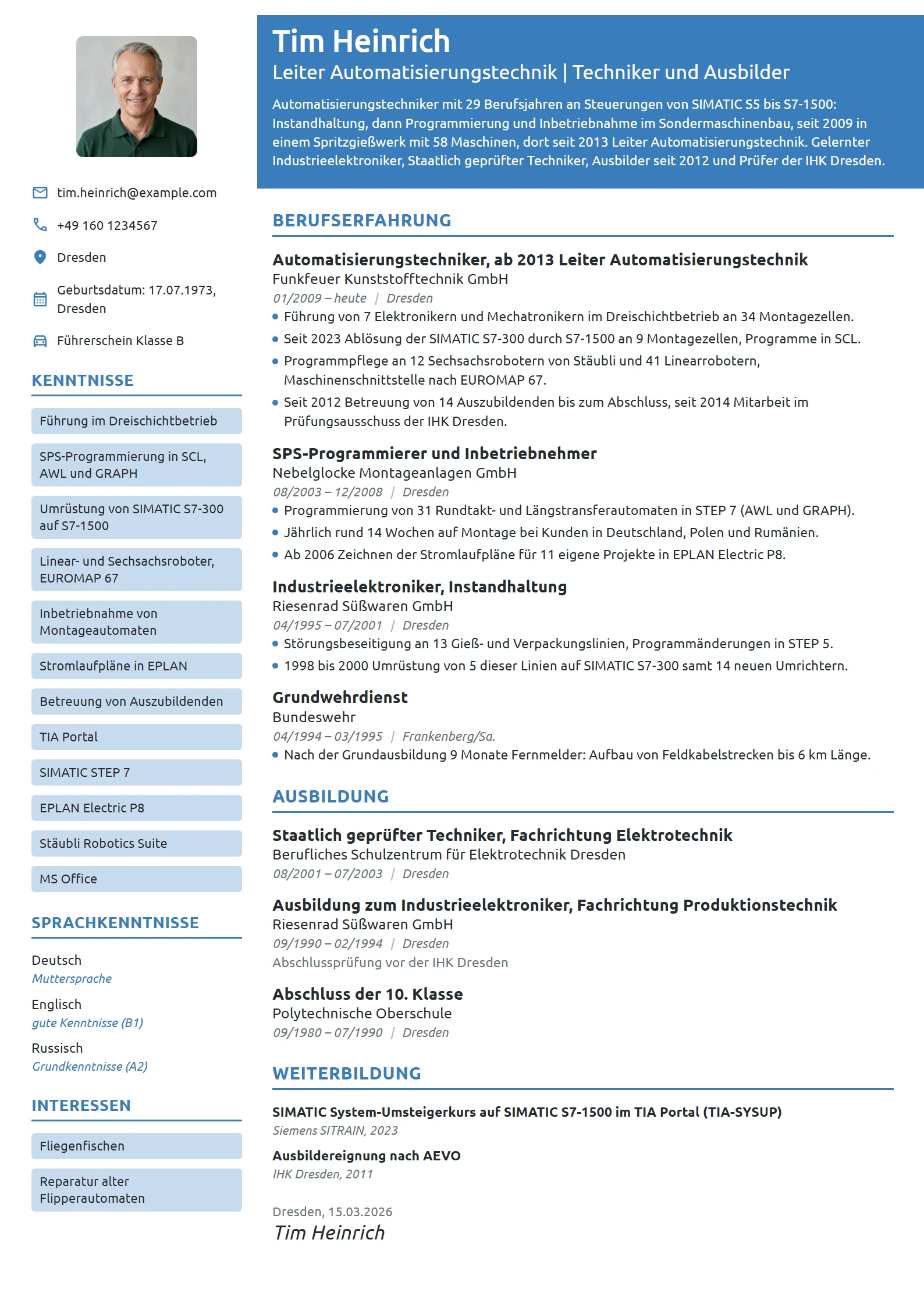 Lebenslauf-Beispiel: Techniker, Leiter Automatisierungstechnik