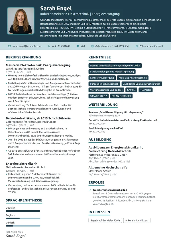 Lebenslauf-Beispiel: Industriemeisterin Elektrotechnik