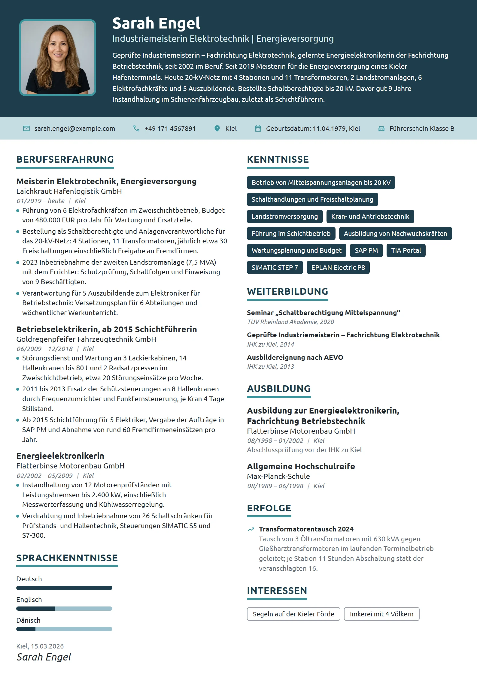 Lebenslauf-Beispiel: Industriemeisterin Elektrotechnik