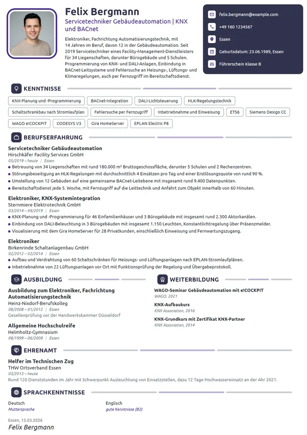 Lebenslauf-Beispiel: Elektroniker, Spezialist Gebäudeautomation