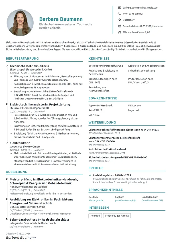 Lebenslauf-Beispiel: Elektrotechnikermeisterin, Betriebsleitung