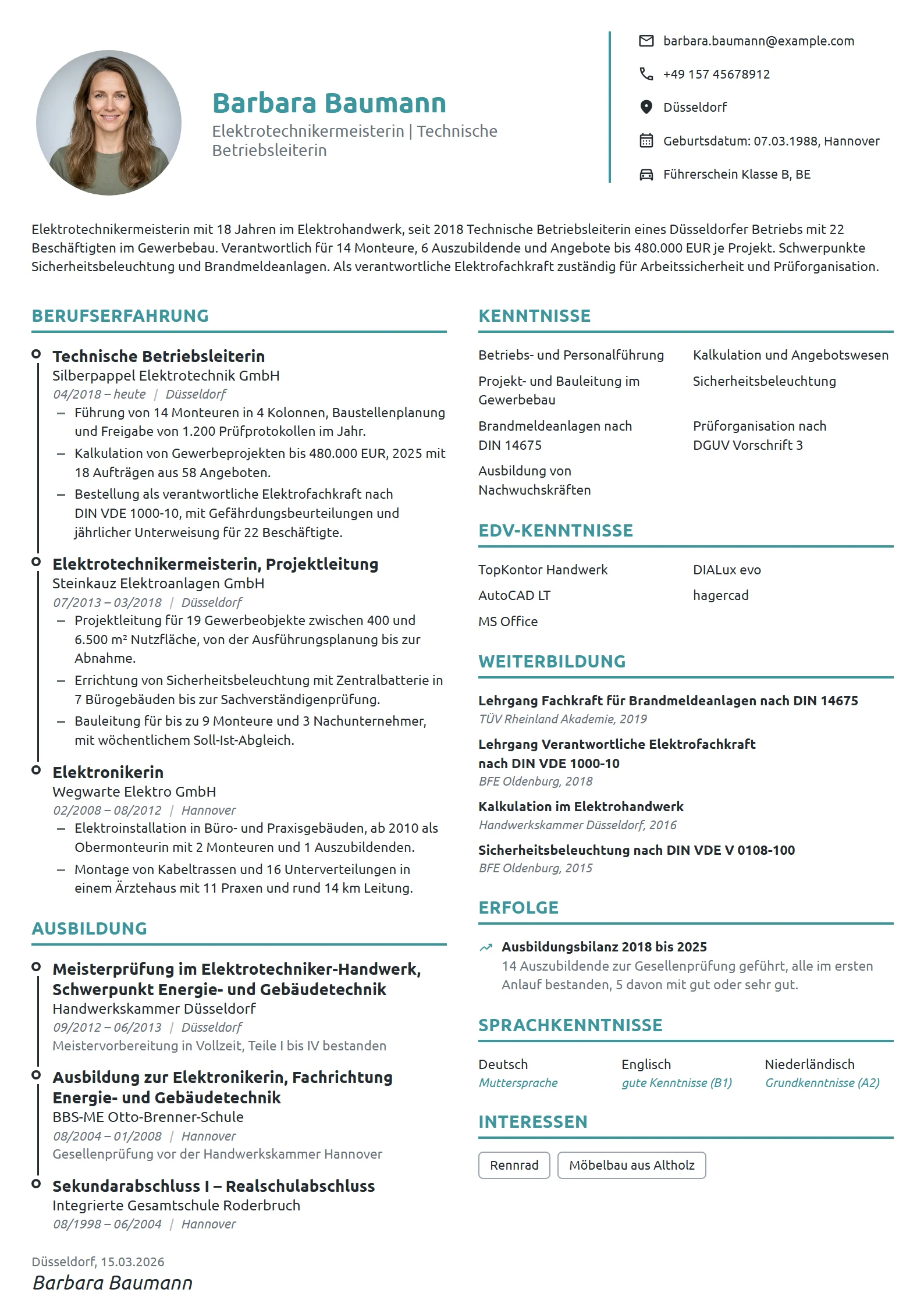 Lebenslauf-Beispiel: Elektrotechnikermeisterin, Betriebsleitung