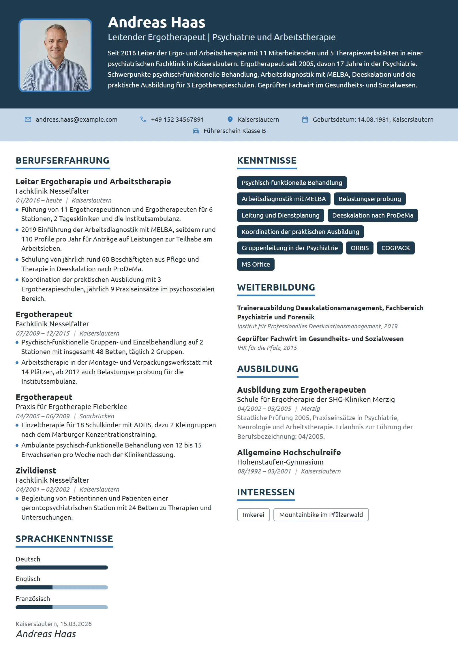 Lebenslauf-Beispiel: Leitender Ergotherapeut in der Psychiatrie