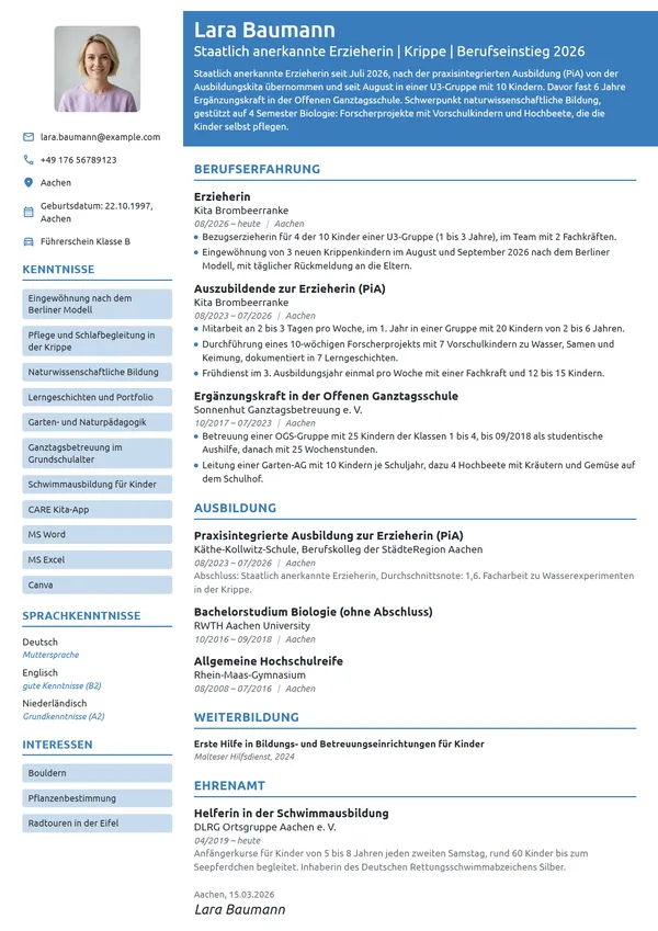Lebenslauf-Beispiel: Erzieherin nach der PiA-Ausbildung