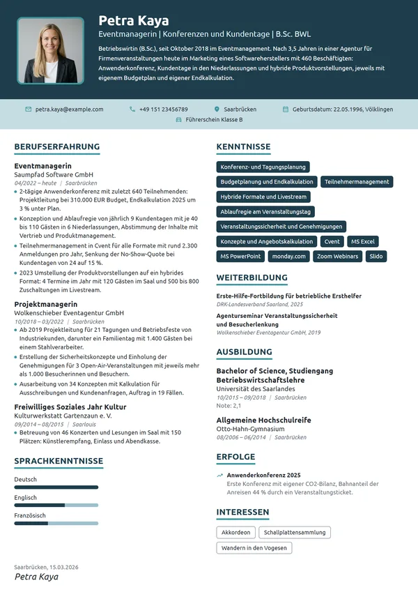 Lebenslauf-Beispiel: Eventmanagerin im Softwareunternehmen