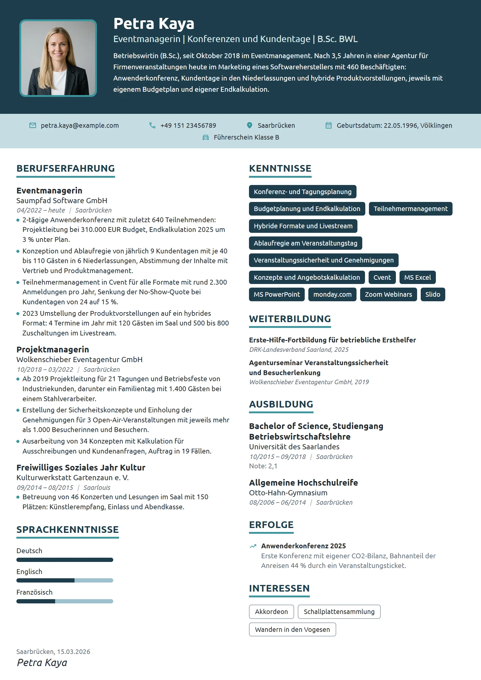 Lebenslauf-Beispiel: Eventmanagerin im Softwareunternehmen