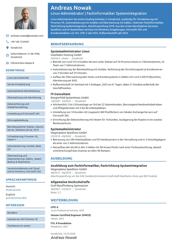 Lebenslauf-Beispiel: Fachinformatiker, Linux-Administration
