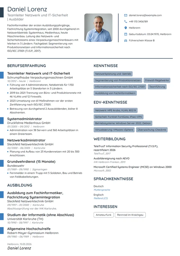 Lebenslauf-Beispiel: Fachinformatiker, Teamleiter Netzwerk
