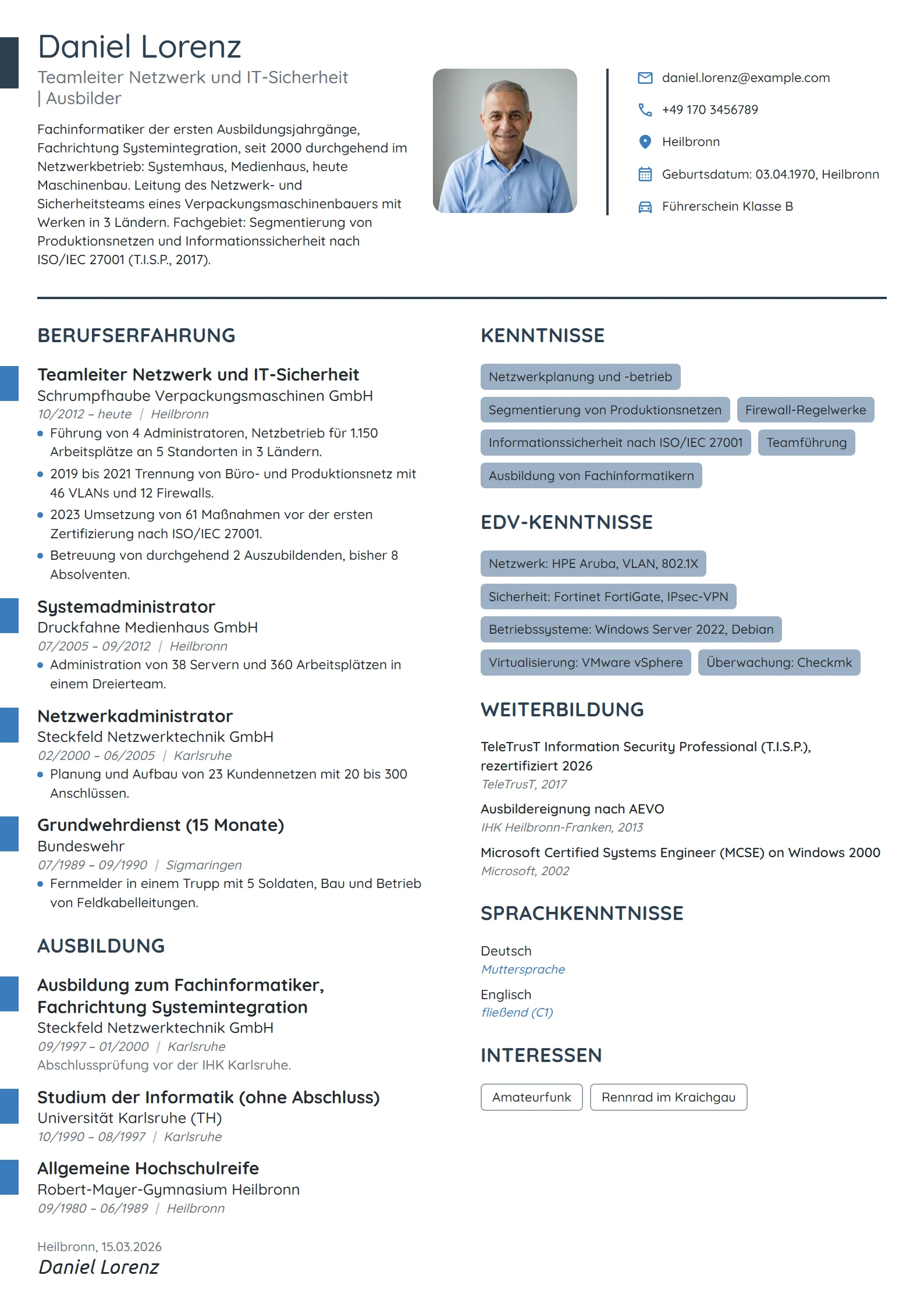 Lebenslauf-Beispiel: Fachinformatiker, Teamleiter Netzwerk