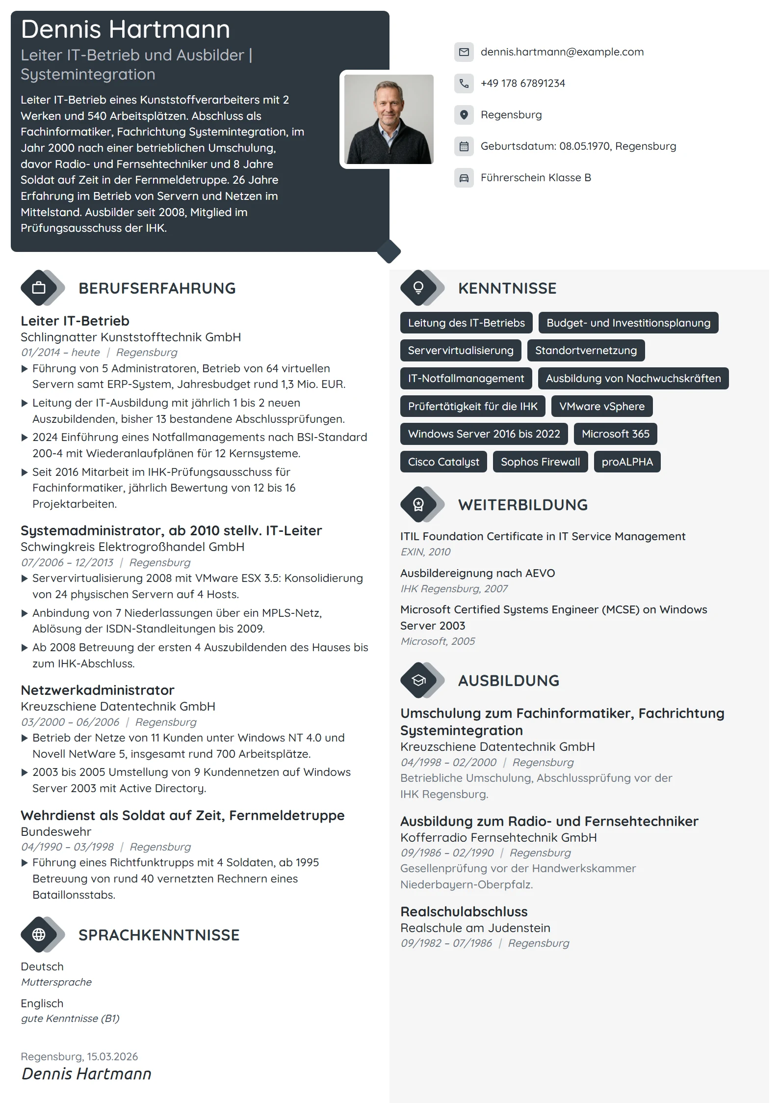 Lebenslauf-Beispiel: Fachinformatiker, Leiter IT-Betrieb