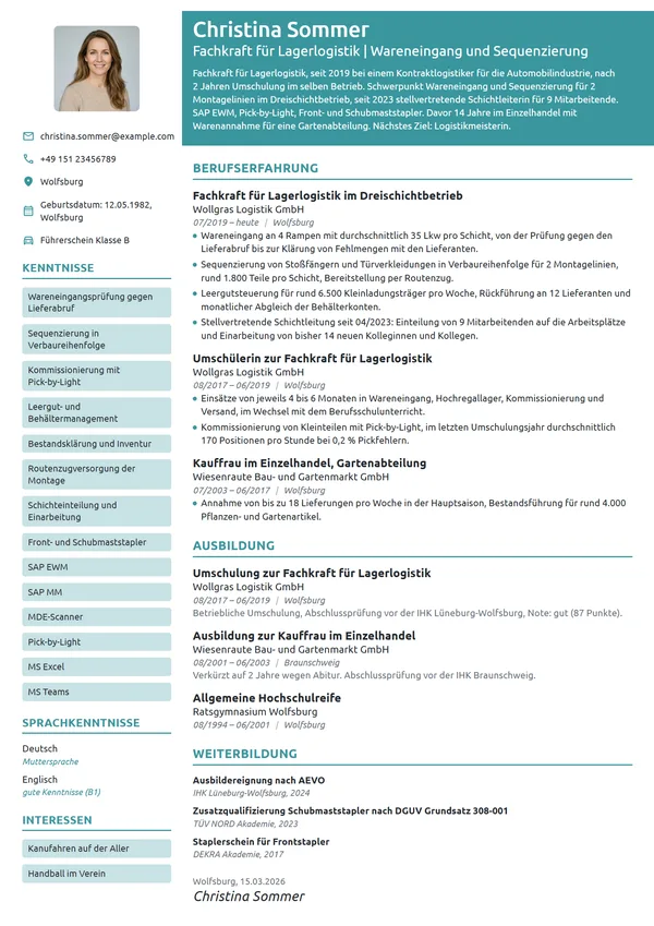 Lebenslauf-Beispiel: Fachkraft für Lagerlogistik, Wareneingang