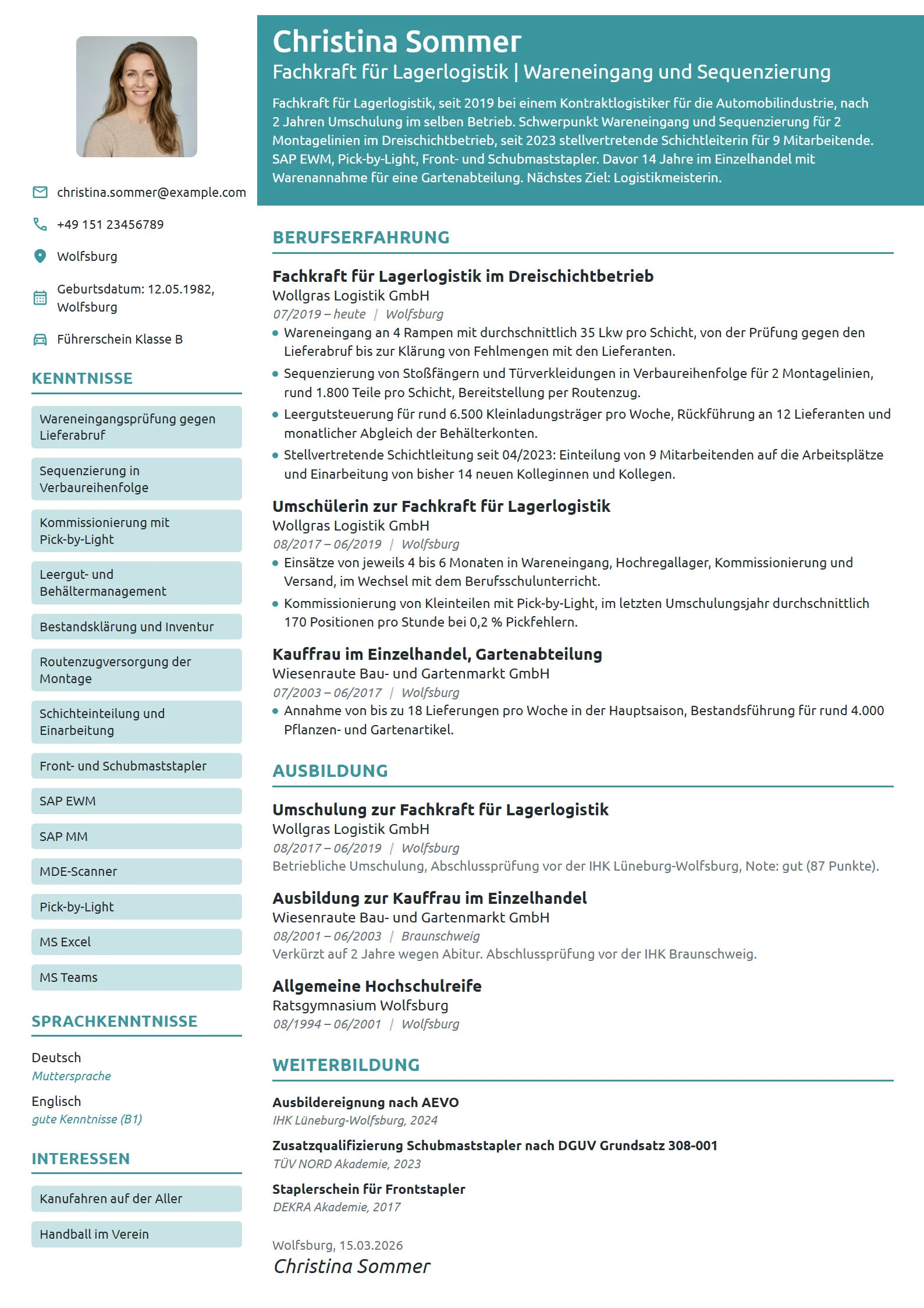 Lebenslauf-Beispiel: Fachkraft für Lagerlogistik, Wareneingang