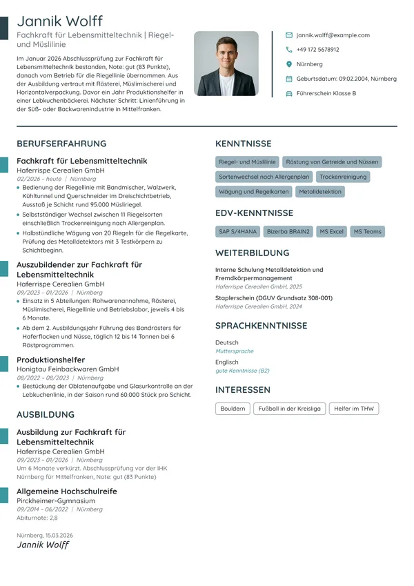 Lebenslauf-Beispiel: Berufseinsteiger Lebensmitteltechnik