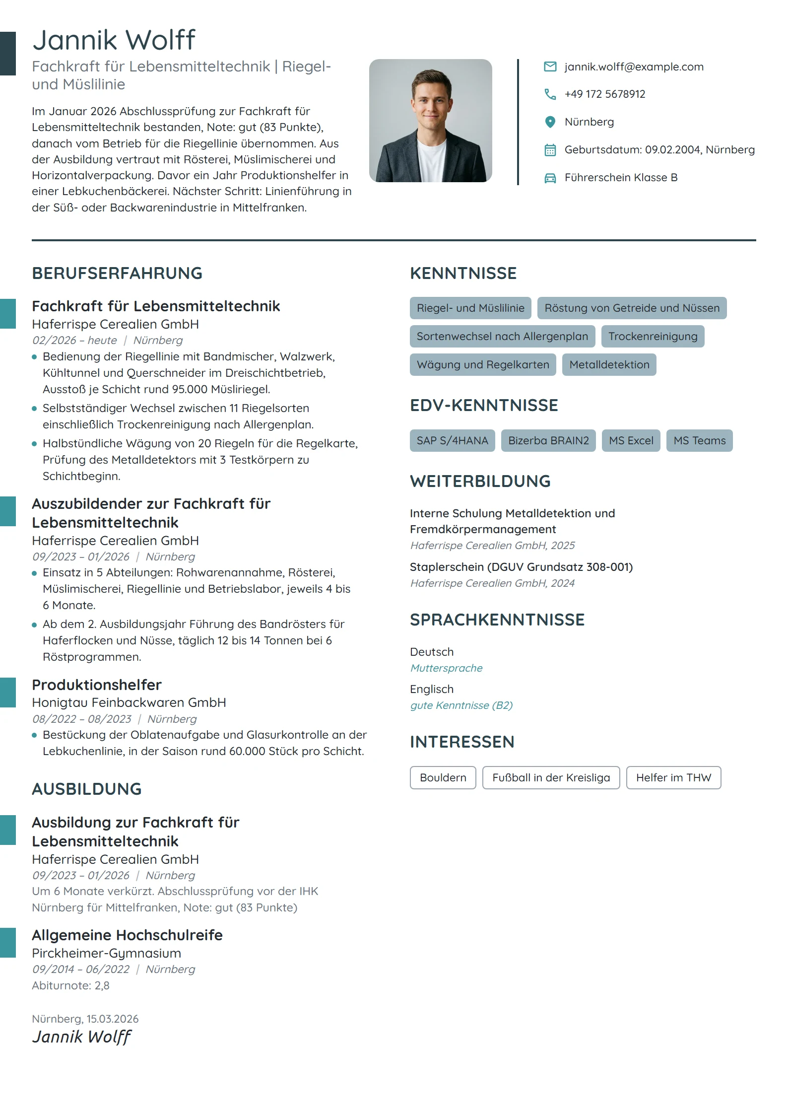 Lebenslauf-Beispiel: Berufseinsteiger Lebensmitteltechnik