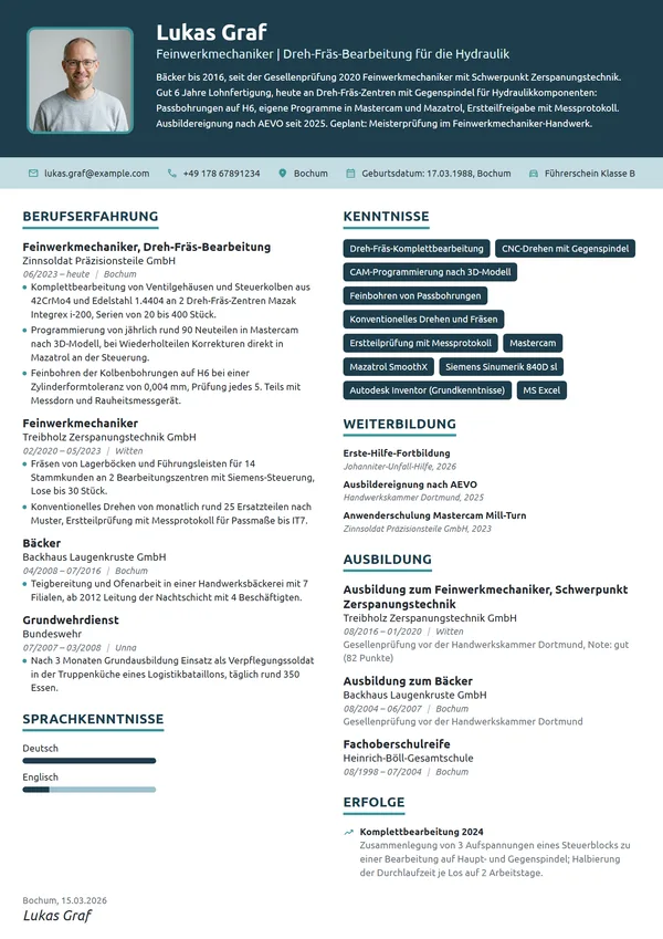 Lebenslauf-Beispiel: Feinwerkmechaniker, Zerspanungstechnik