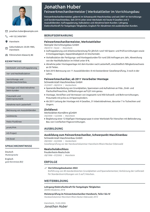 Lebenslauf-Beispiel: Feinwerkmechanikermeister, Werkstattleiter