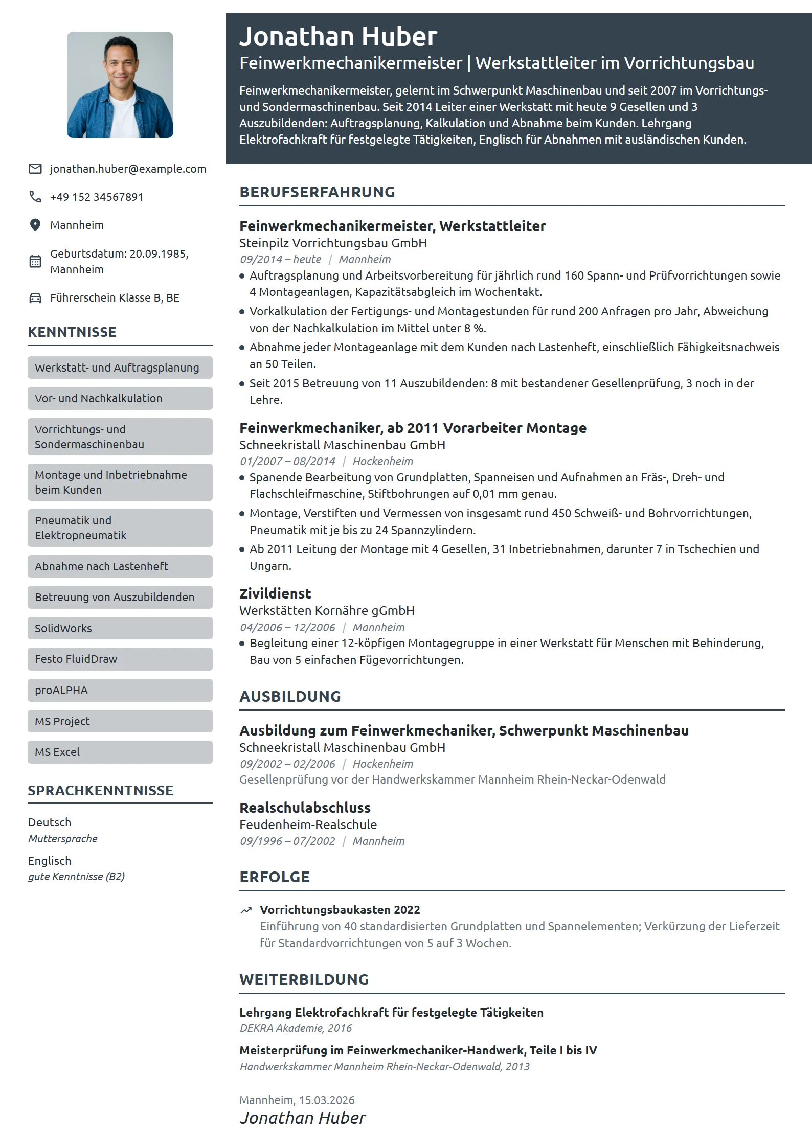 Lebenslauf-Beispiel: Feinwerkmechanikermeister, Werkstattleiter